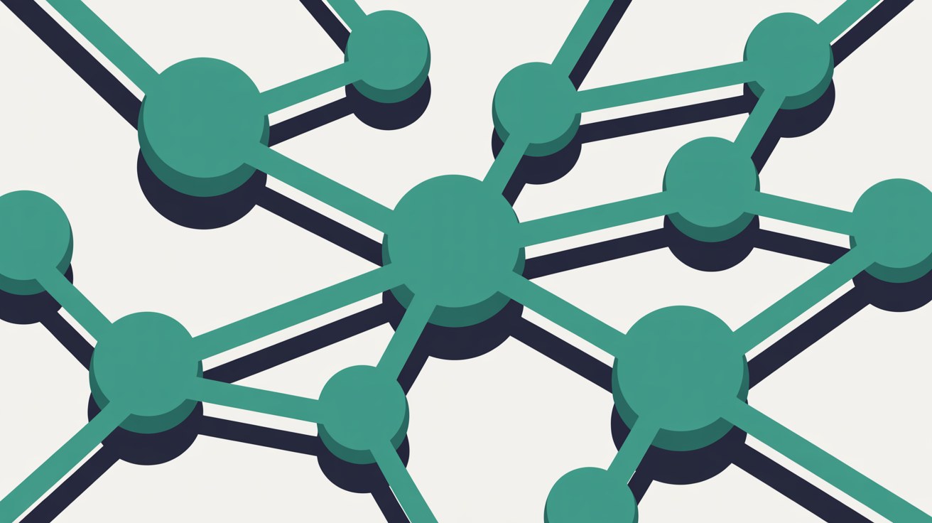 Flat illustration of teal network nodes linked by thick teal lines with navy shadows on an off-white background
