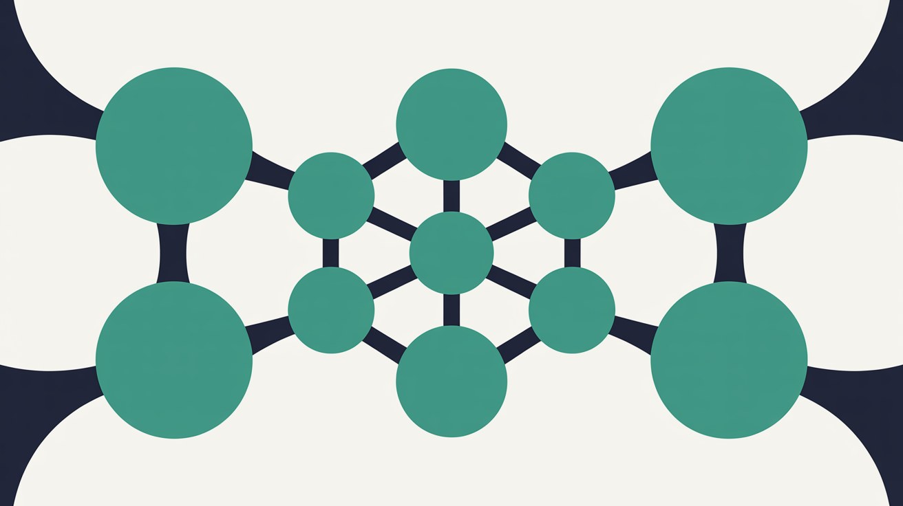Calm abstract network of teal nodes fully reconnected over a warm grey background, suggesting a page restored to secure