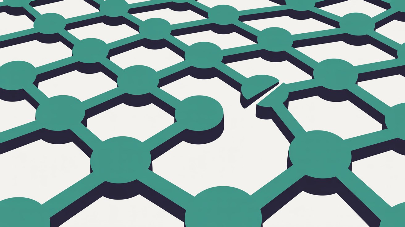 Abstract flat illustration of a network with one broken teal link among secure connected nodes on a warm grey background