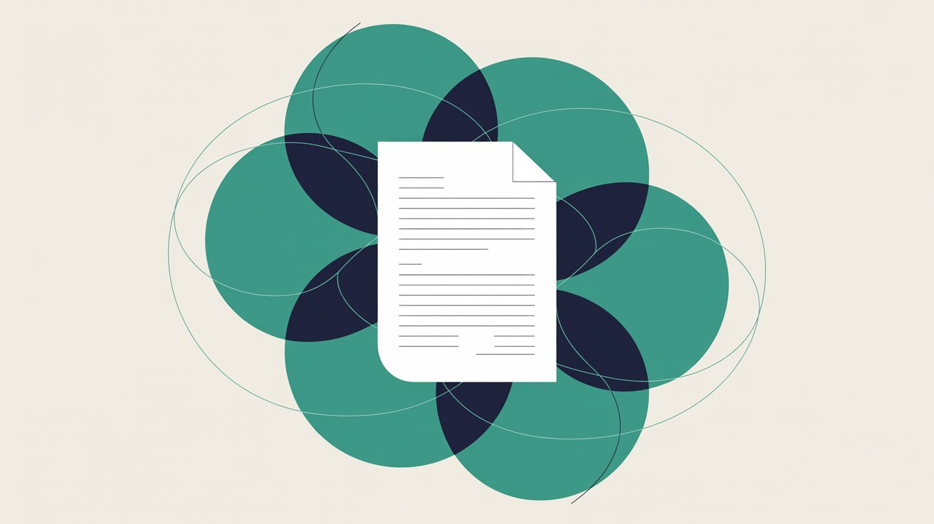Flat illustration of a plain document sheet sitting over a cluster of overlapping teal and navy circles traced with fine ellipse lines