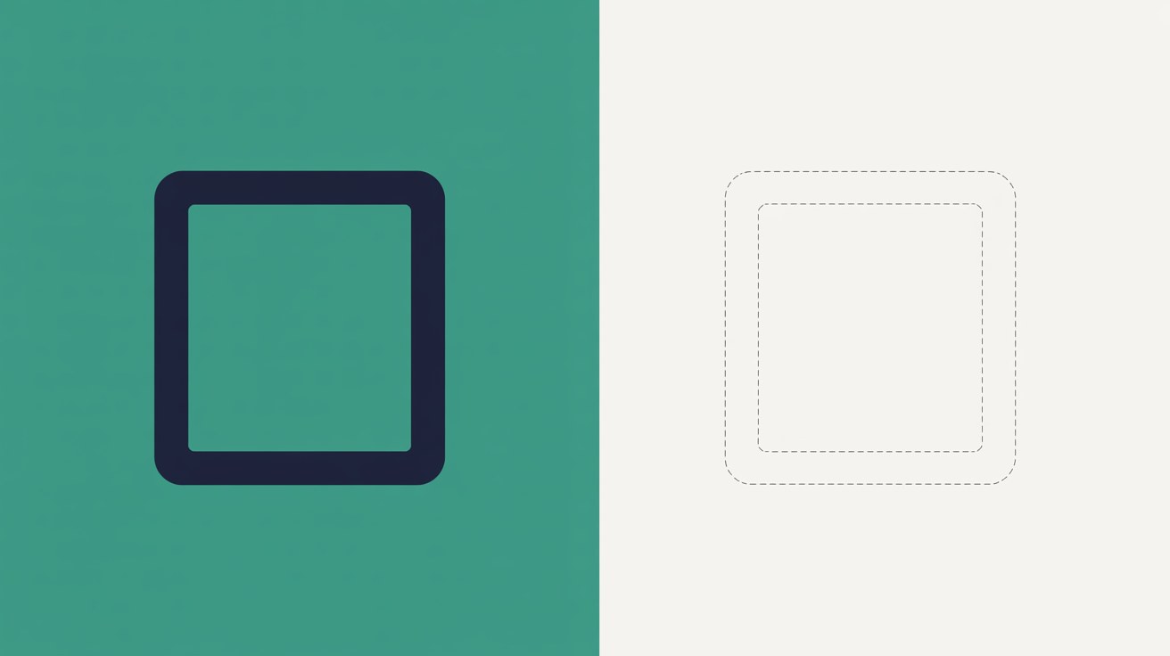 Split panel illustration with a solid navy rounded frame on a teal field beside an empty dashed outline frame on warm grey