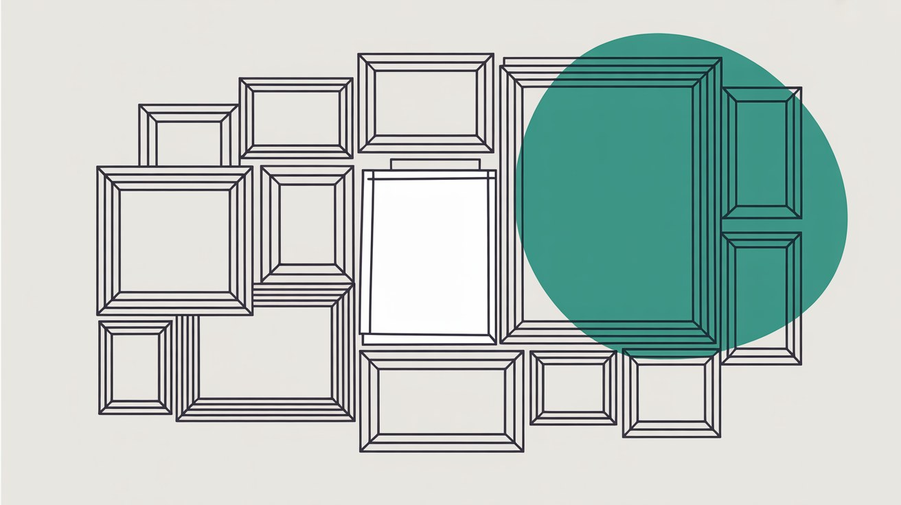 A grid of overlapping empty picture frame outlines on a warm grey background, with one large teal circle overlapping several of the frames