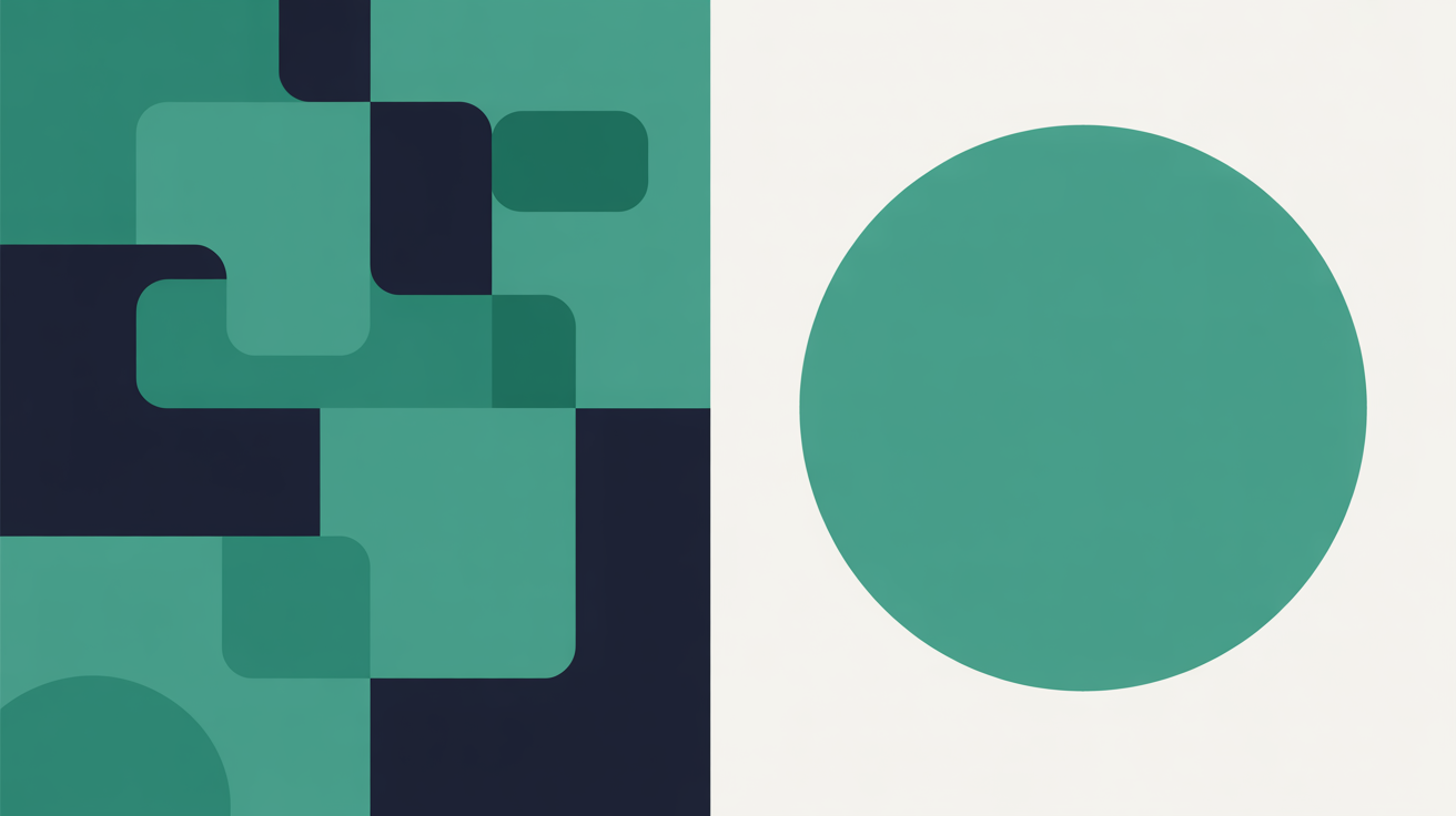 Flat illustration of contrasting geometric shapes suggesting two different cost levels with teal accents on warm grey