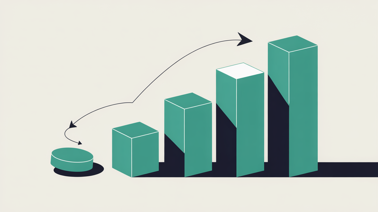 Minimal flat illustration of ascending geometric blocks suggesting rising costs with teal and warm grey palette
