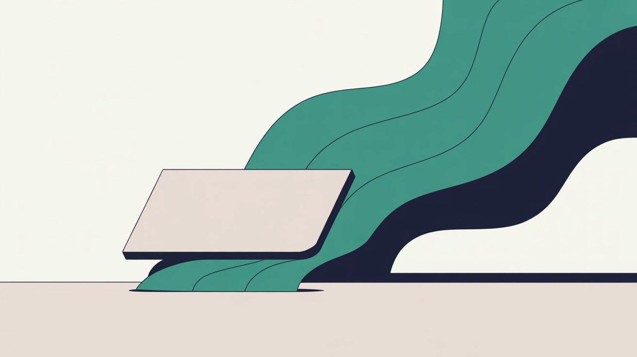 An abstract panel sliding aside to reveal upward-flowing teal lines on a warm grey background, suggesting an obstruction being lifted