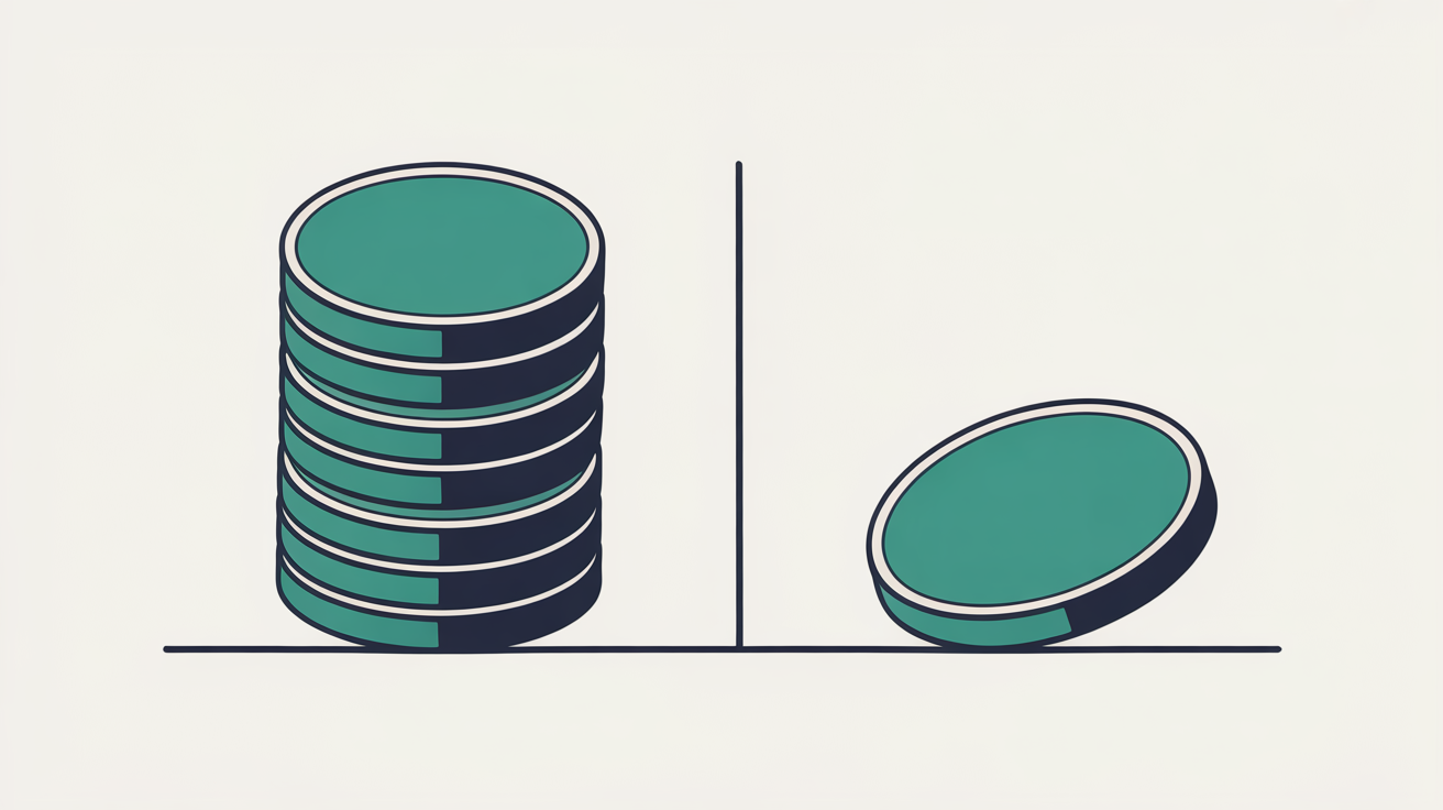 Abstract flat illustration of a large stack of coins on one side and a single small coin on the other, separated by a clean vertical line, in teal and warm grey