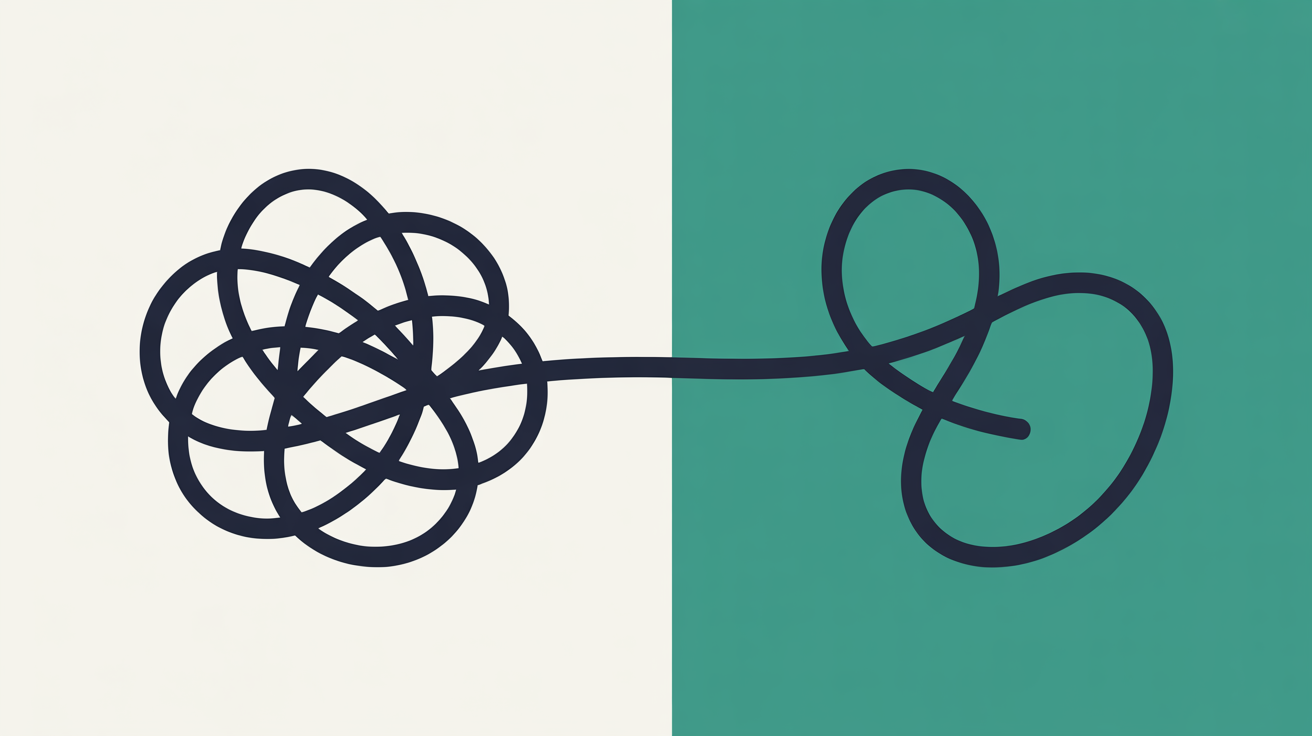 Two contrasting abstract zones divided by a clean diagonal line, a tangled knot of shapes on one side and a single simple flowing line on the other, in teal and warm grey