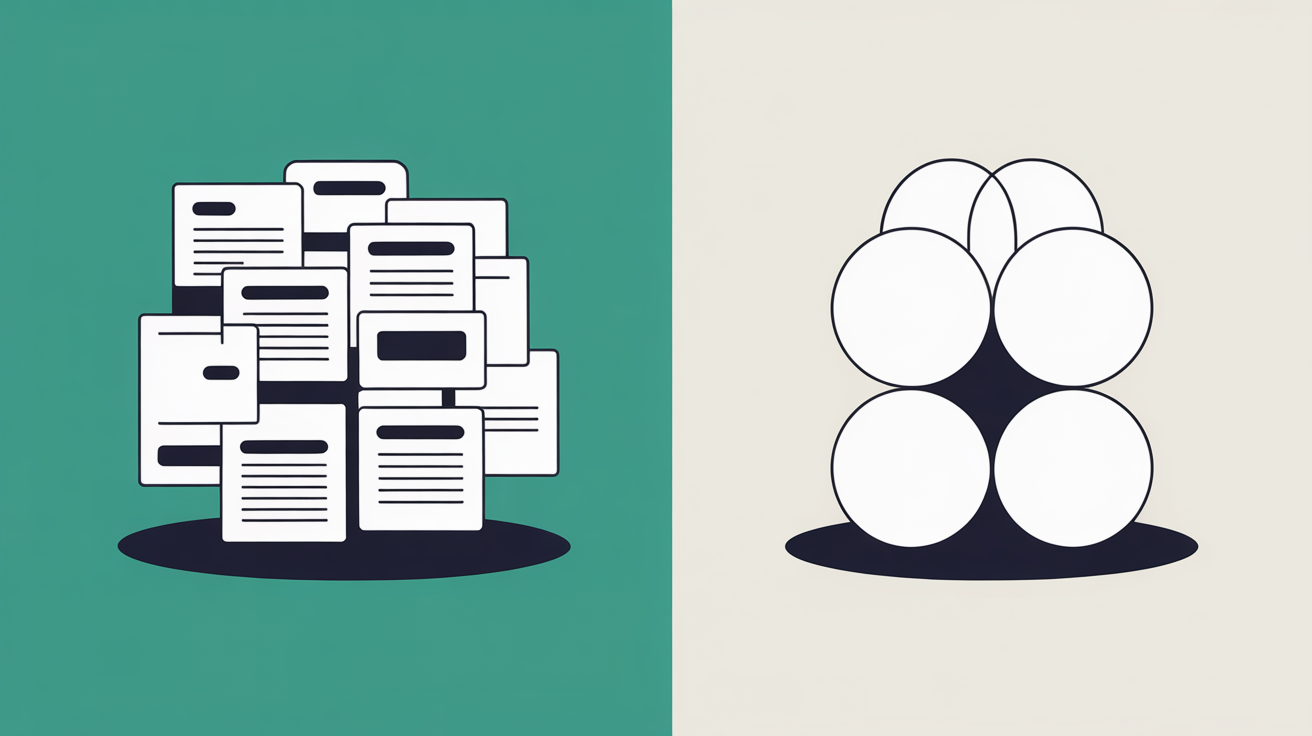 Flat abstract illustration of two contrasting zones, an old cluttered layout on one side and a clean simple layout on the other, in teal and warm grey