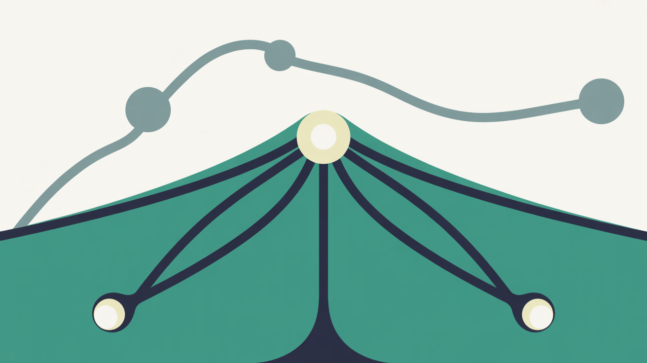Abstract illustration of one illuminated node held in place by several redundant teal connection lines while nearby nodes have gone dark, on a warm grey background