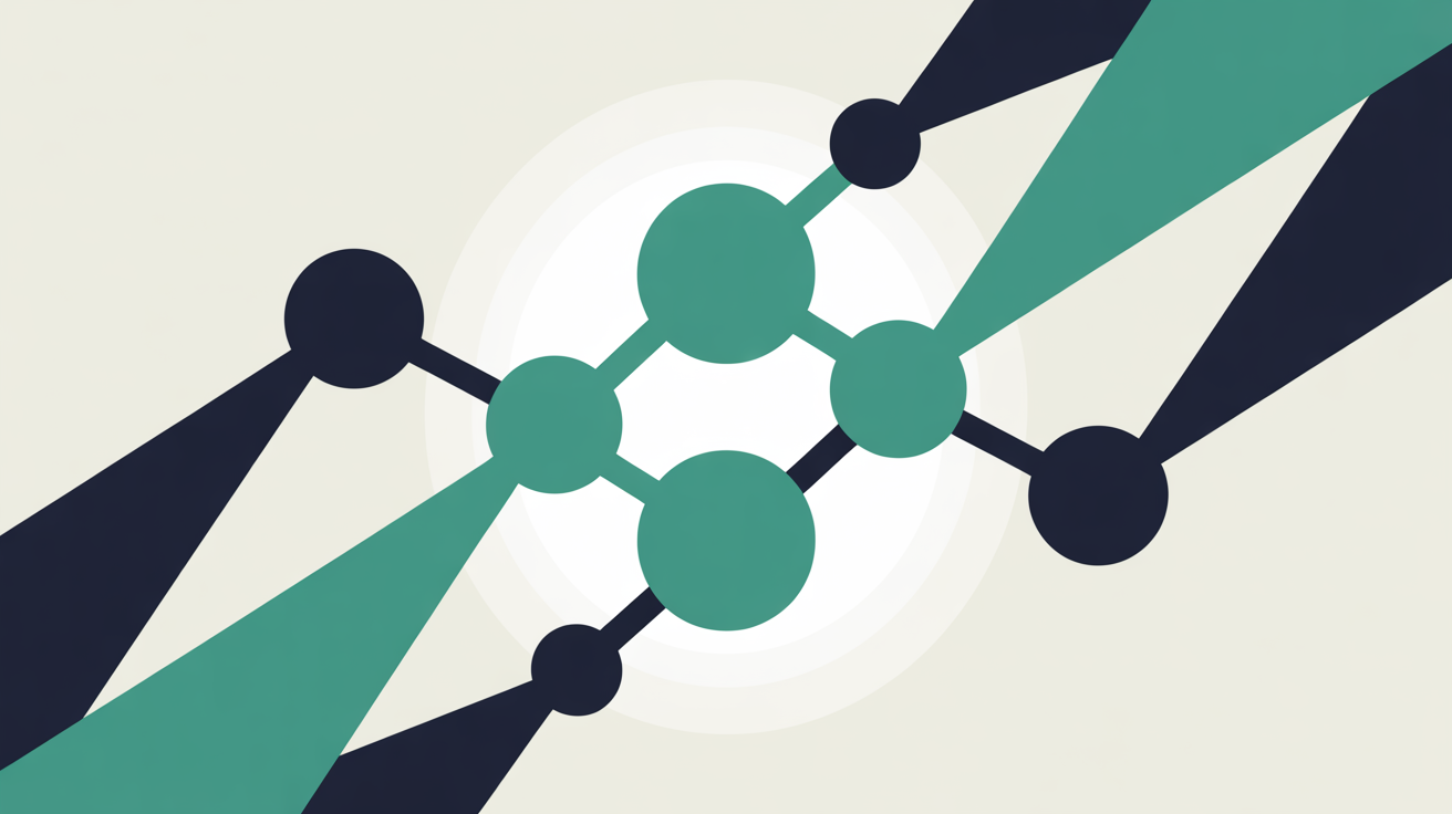 Abstract network of connected nodes on a warm grey background, several nodes dimmed and disconnected while a central cluster stays brightly linked by teal lines