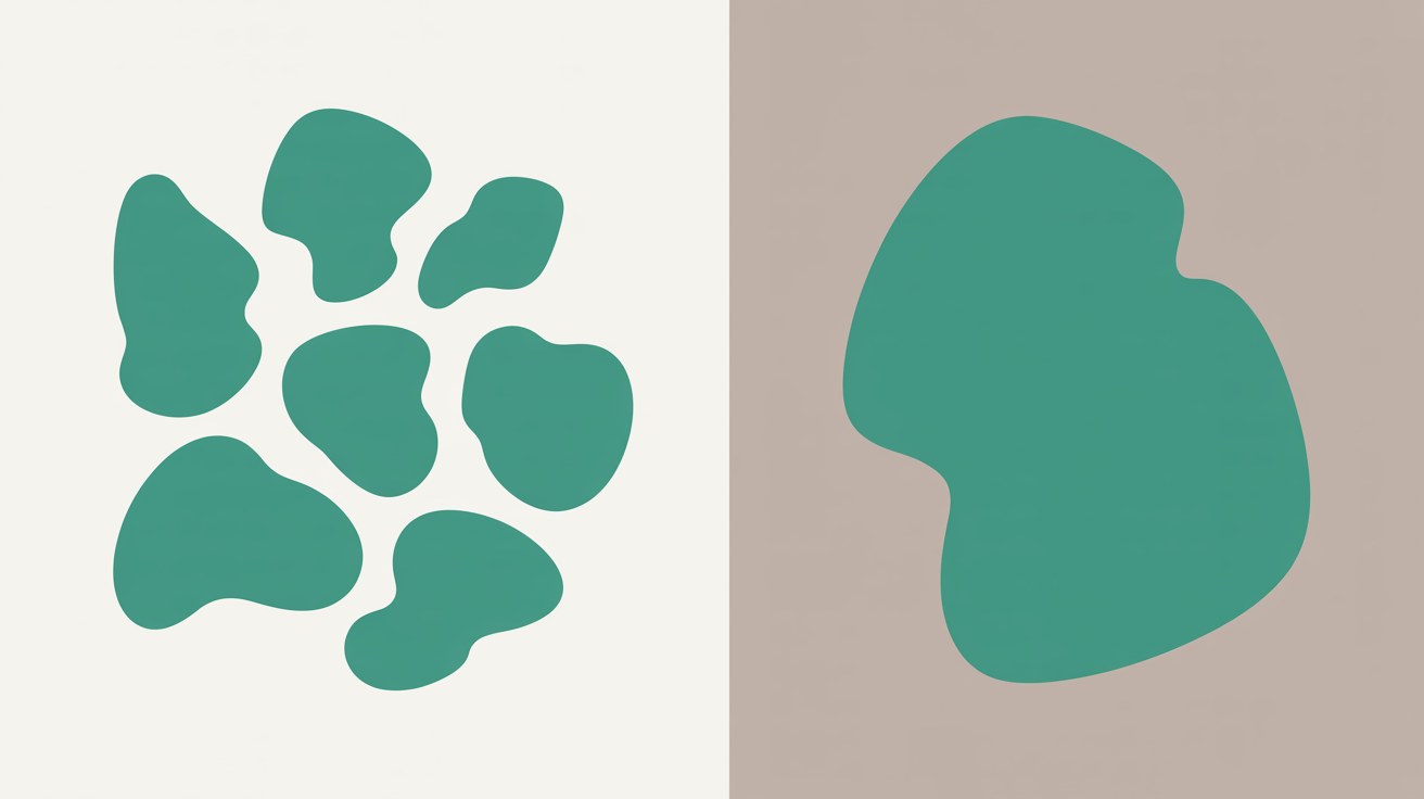 Flat illustration split into two zones, the left holding a scattered cluster of small teal shapes and the right a single larger teal shape