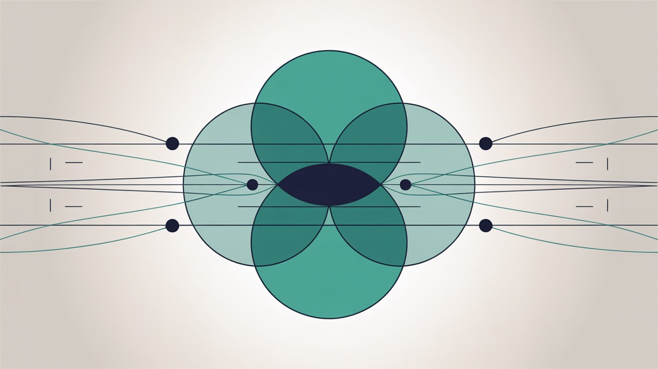 Flat illustration of four overlapping teal circles crossed by fine navy lines on a warm grey background