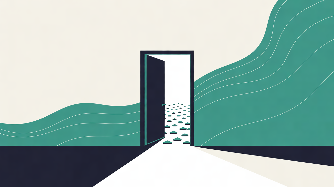 Flat illustration of an open navy door in a wall with rows of small teal shapes visible beyond it and teal waves on either side, warm off-white background