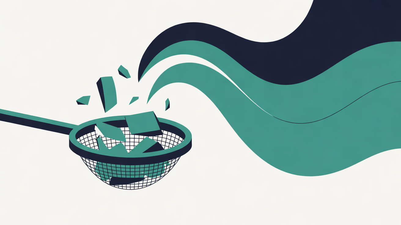 Flat illustration of a mesh sieve catching teal and navy fragments while broad teal and navy waves sweep upward beside it, warm off-white background