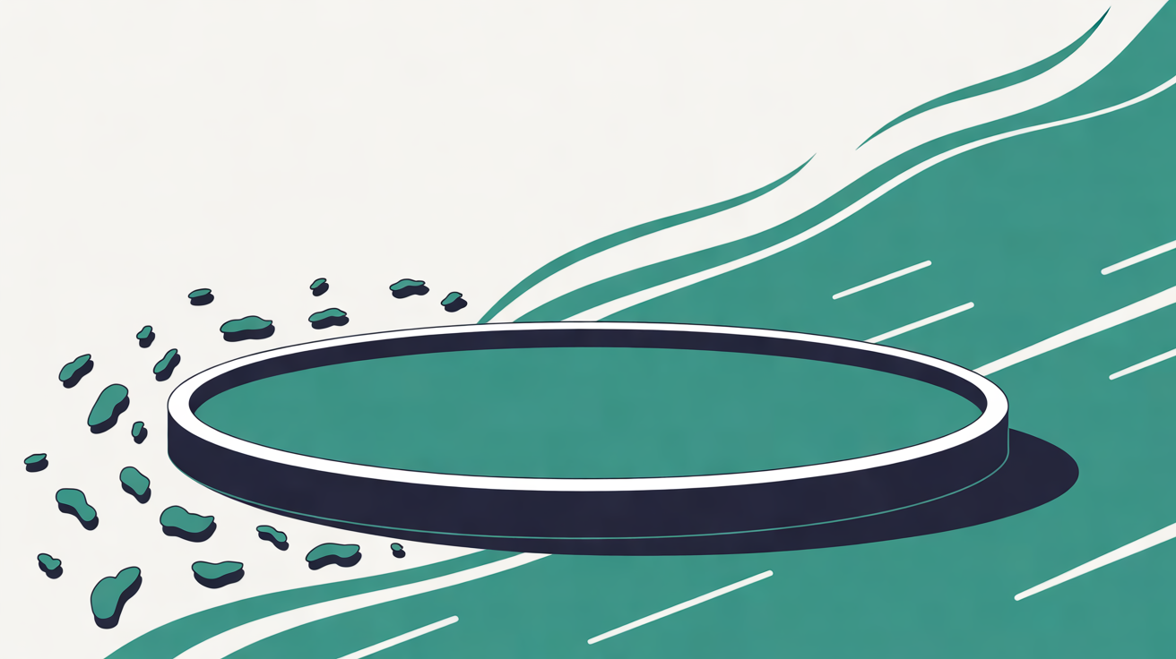 Flat illustration of a navy oval ring with small teal fragments drifting towards it and sweeping teal lines behind, on a warm off-white background