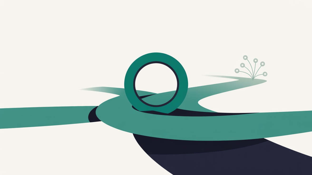Flat abstract illustration of a magnifying glass over branching paths, one route leading to a cluster of connected shapes, teal accents on warm grey