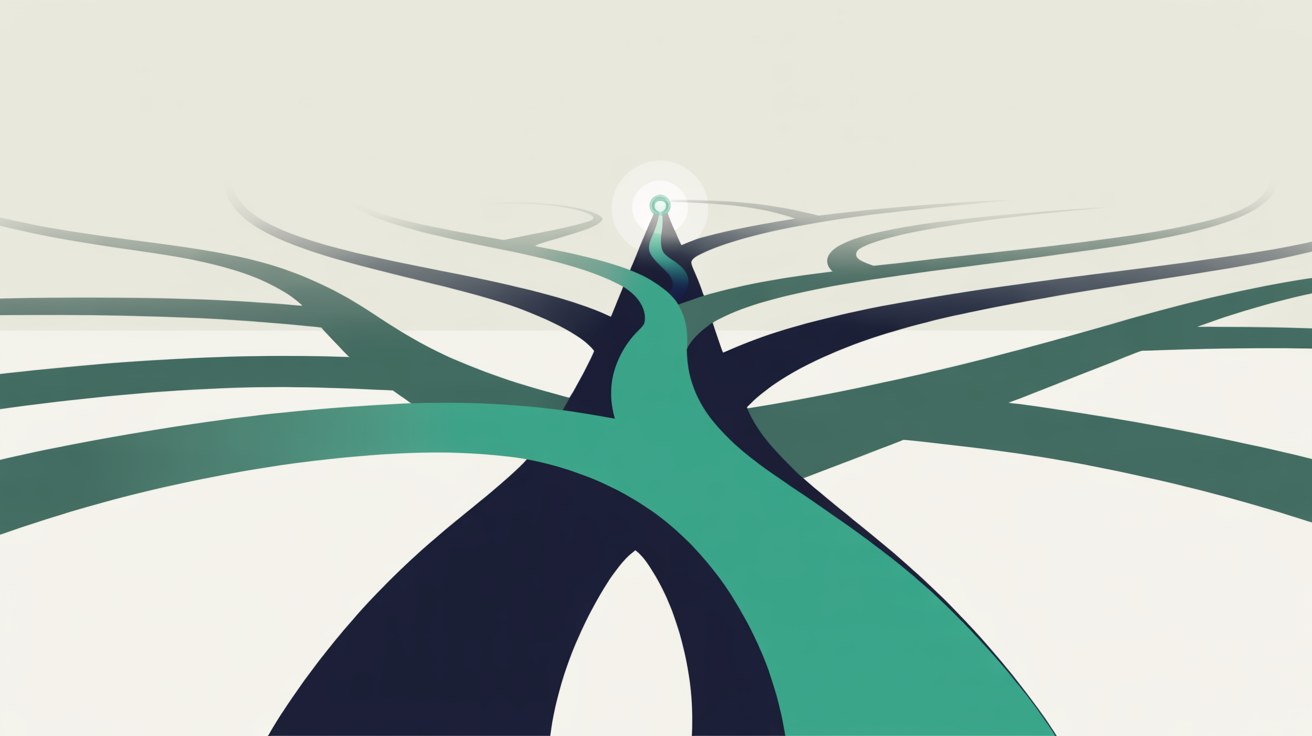 Flat abstract illustration of a magnifying glass over branching paths, one leading to a cluster of connected shapes, teal on warm grey