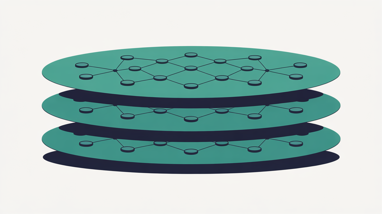 Abstract flat illustration of three stacked layers of connected nodes in teal on a warm grey background, the lower layers sitting hidden beneath a visible top layer