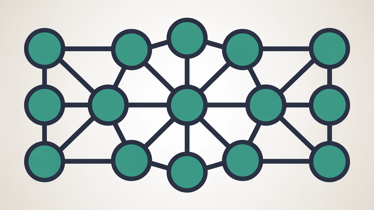 Clean abstract illustration of a network of teal nodes connected to a central maintained hub on a warm grey background, suggesting continuously patched infrastructure