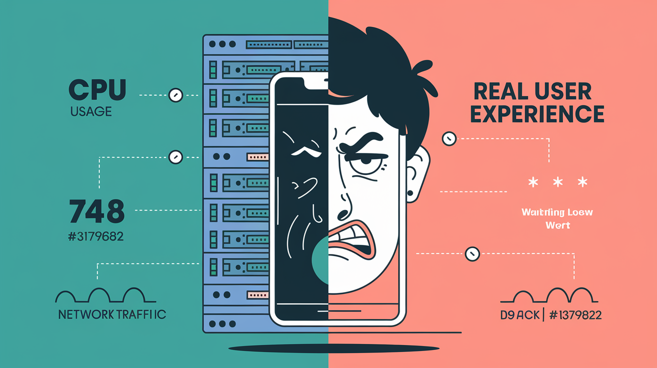 Server metrics dashboard showing perfect scores while website loads slowly