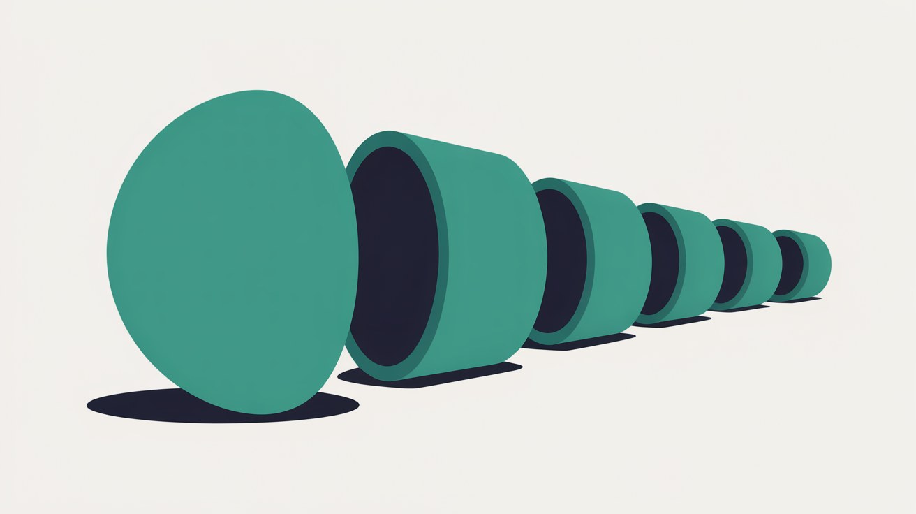 Flat abstract illustration of a large teal disc followed by progressively smaller round segments receding into the distance