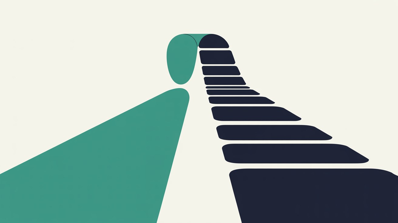Flat abstract illustration of two paths leaving one point, one short and direct, the other long and divided into equal segments