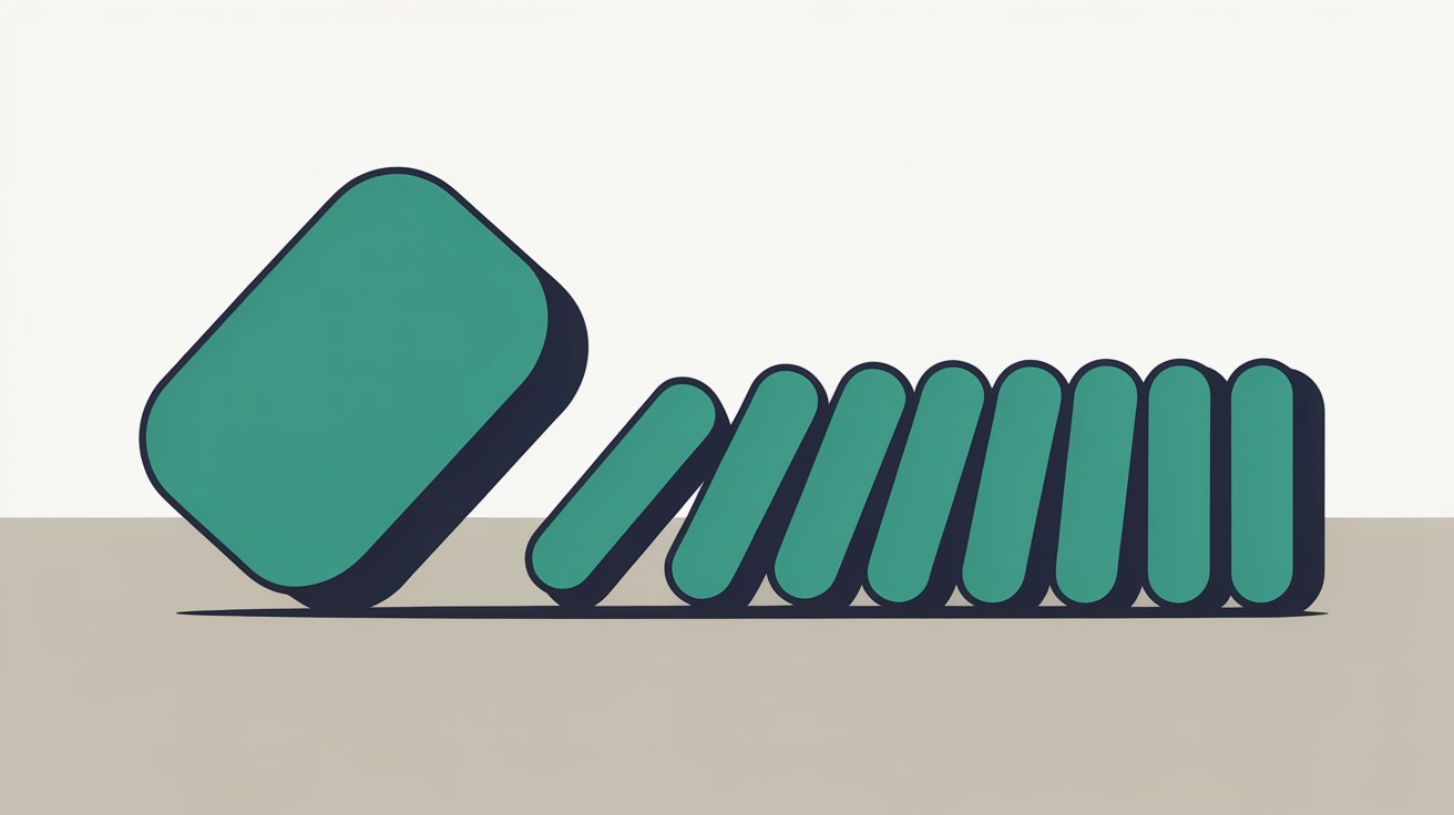 Flat abstract illustration of one large shape dividing into eight equal smaller blocks on a warm grey background