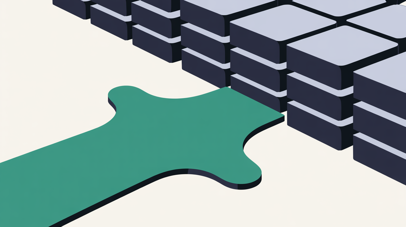 Flat abstract illustration of a teal arrow meeting a solid wall of grey blocks, suggesting forward progress being stopped