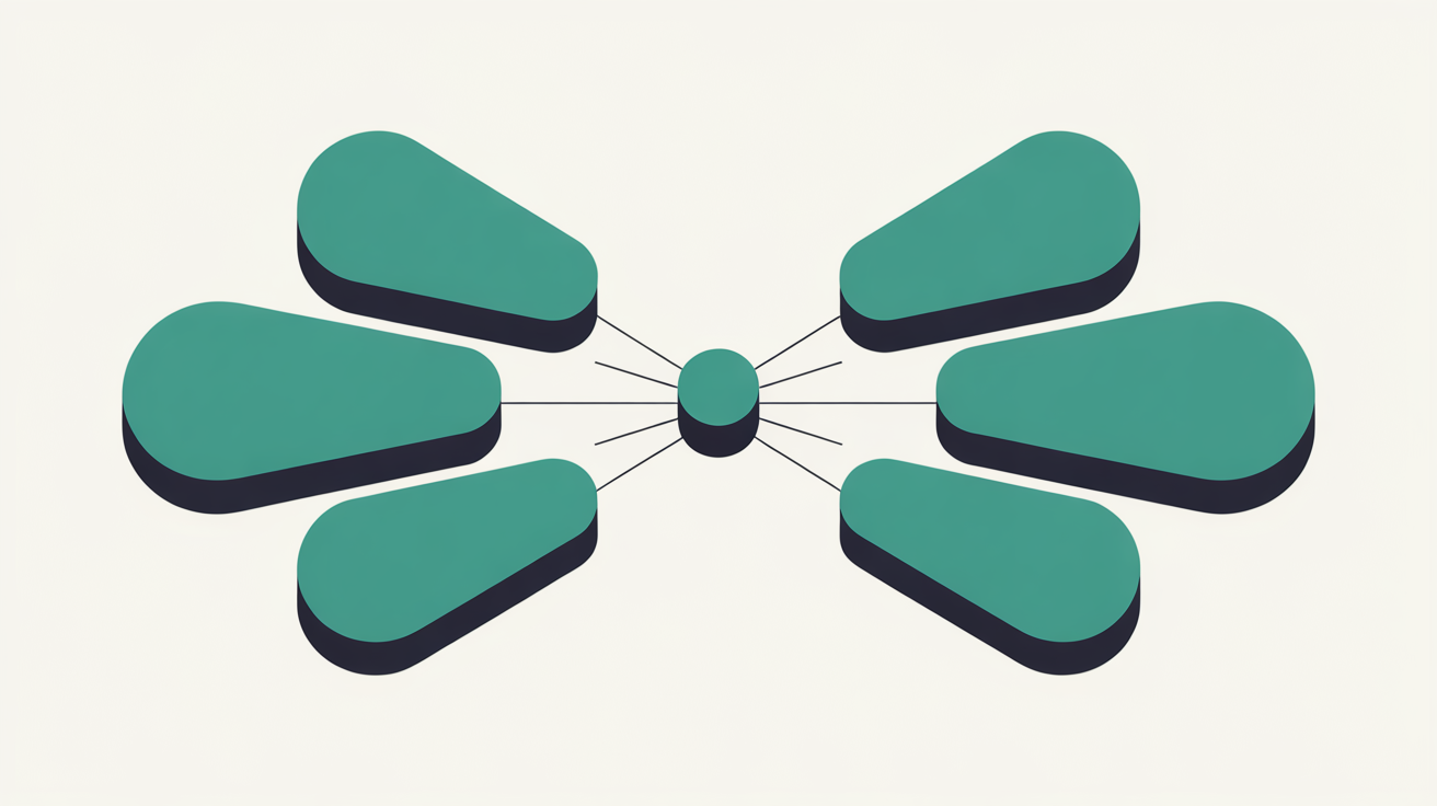 Flat abstract illustration of a small teal shape connected to several larger modular shapes by clean lines on a warm grey background, suggesting a system that expands