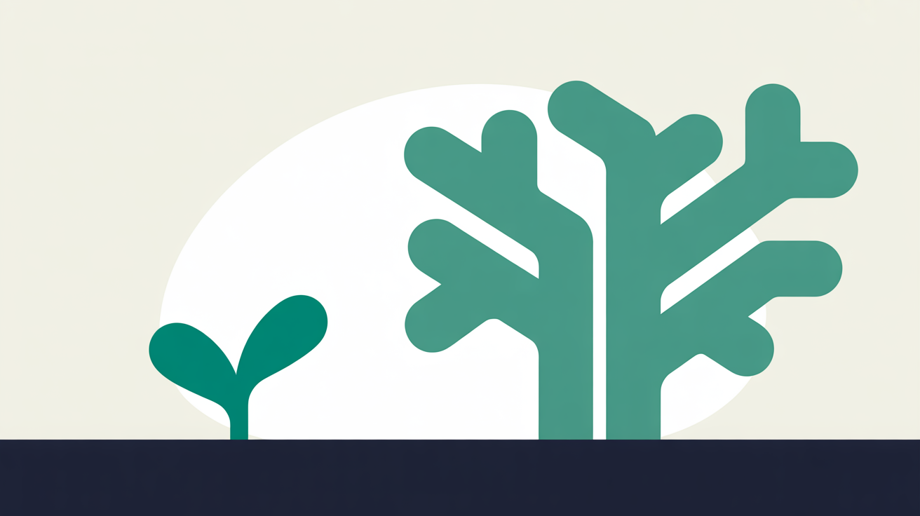 Flat abstract illustration of a single teal seedling shape growing into a larger branching structure on a warm stone grey background, suggesting expansion from a small base