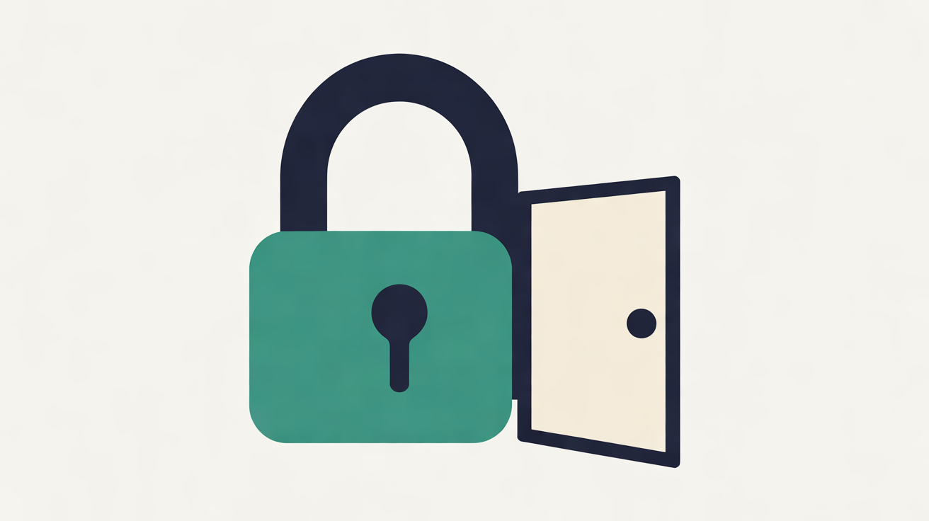 Flat illustration of a large teal padlock beside a small navy-framed door standing open, on an off-white background
