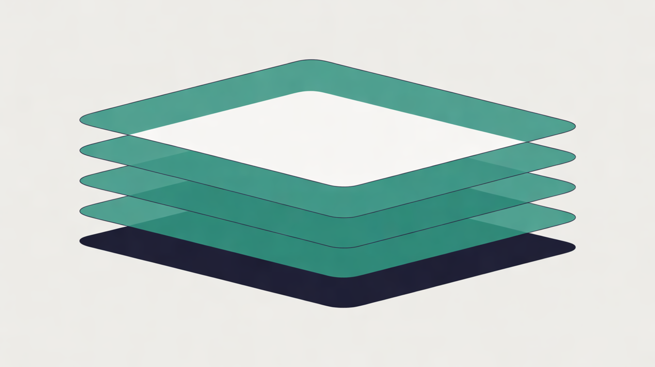 Flat illustration of translucent teal layers stacked above a navy base layer on a warm grey background