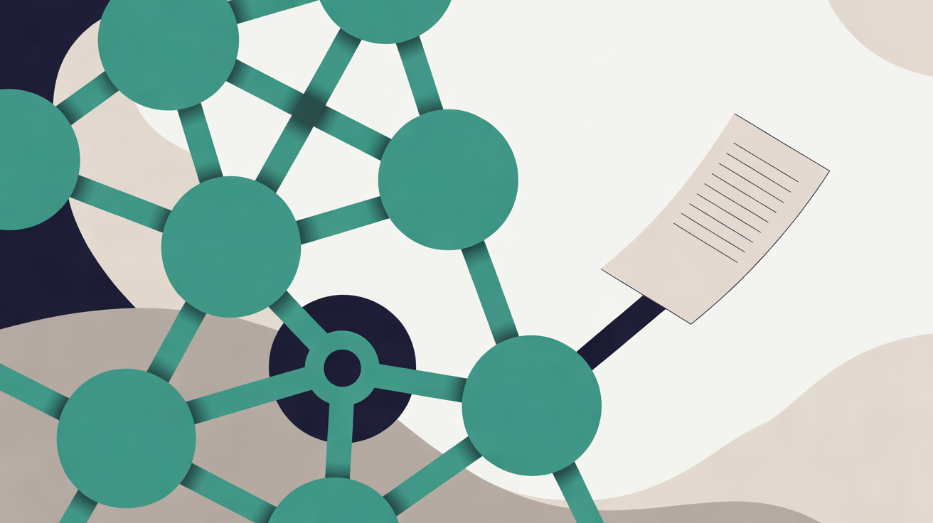 Flat illustration of a network of teal circular nodes on a warm grey background, with a single paper document tethered to its outer edge