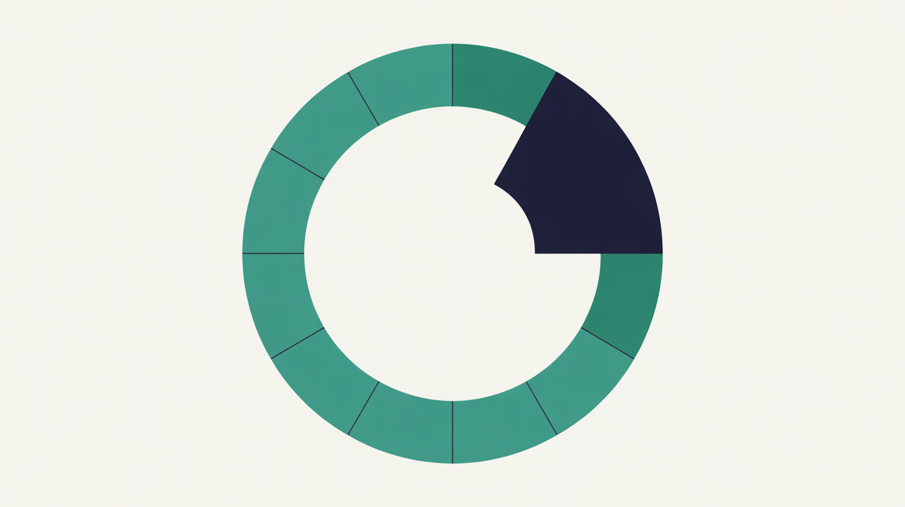 Minimal flat illustration of a circular clock face made of abstract teal arcs on a warm grey background with a small missing segment suggesting time gaps in service availability