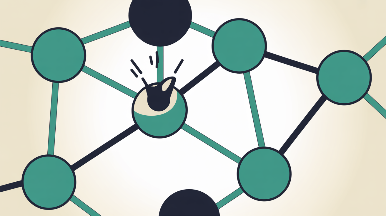 Abstract illustration of connected network nodes with alert signals in teal on a warm grey background