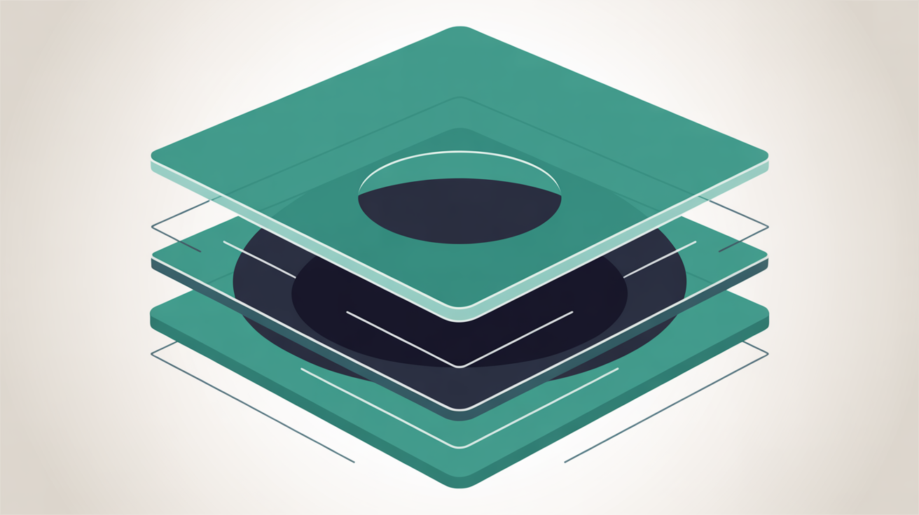 Abstract layered geometric shapes suggesting infrastructure resilience with teal and warm grey tones