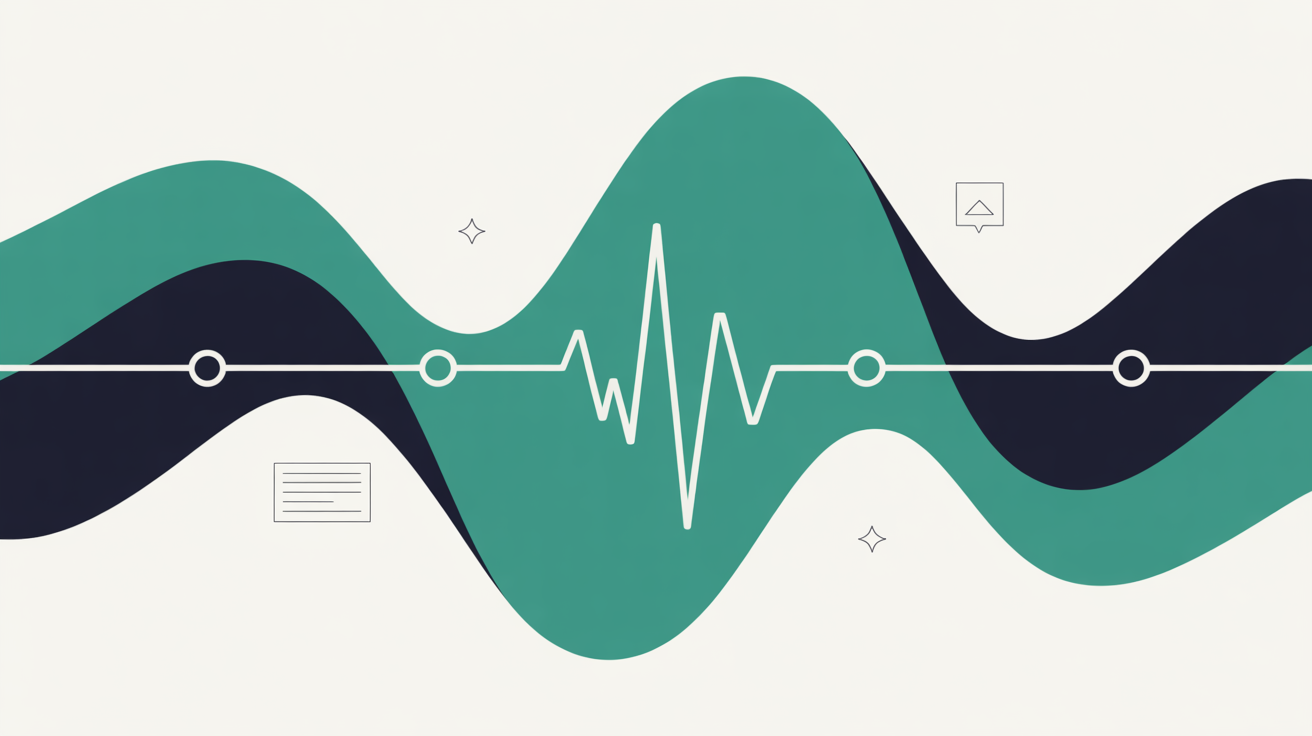 Abstract monitoring pulse lines and connected network nodes in teal on a warm grey background