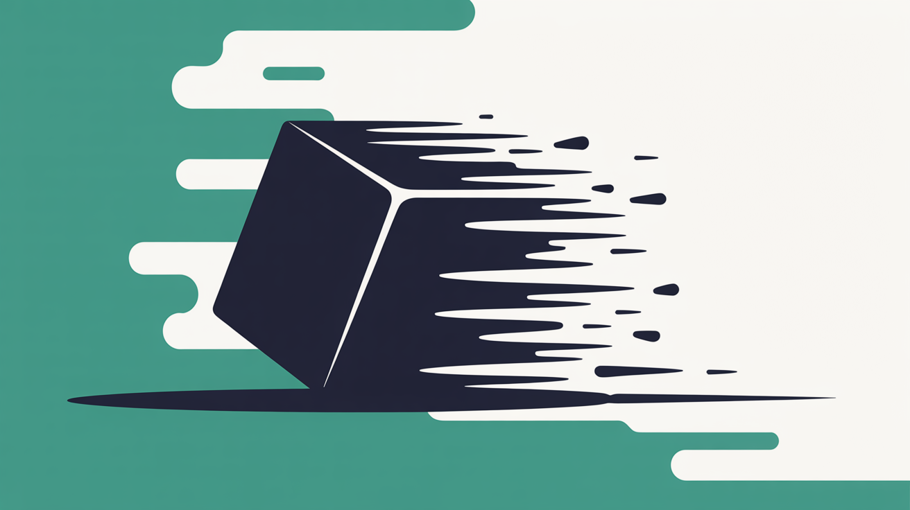Abstract illustration of a large heavy shape breaking into small light teal fragments moving quickly across a warm grey background