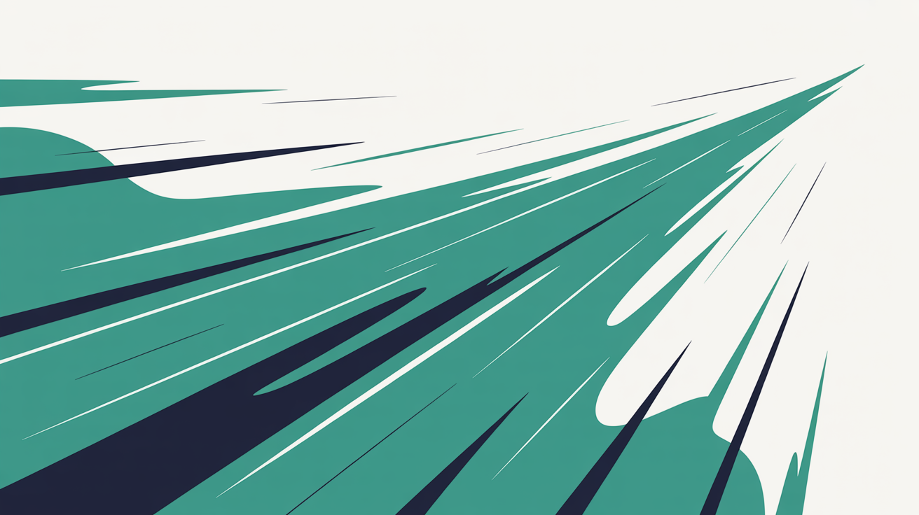 Abstract flat illustration of flowing teal lines accelerating upward on a warm grey background suggesting speed and motion
