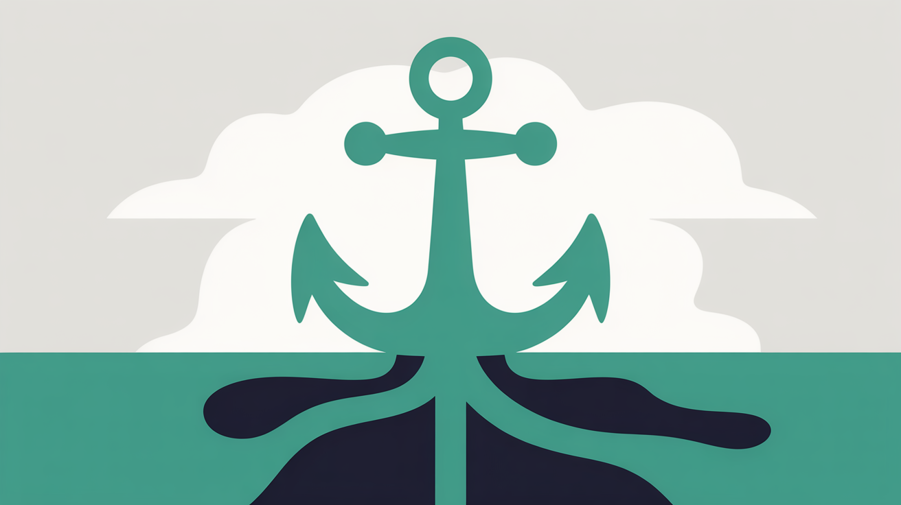 Abstract teal anchor forms rooted into a stable ground plane, representing owned digital presence versus rented social platforms