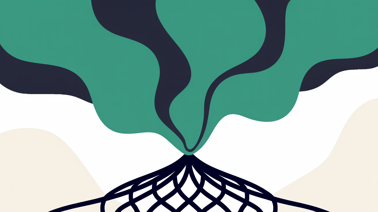 Abstract flat illustration of teal shapes flowing outward from a small node into an open expanding lattice on warm stone grey background