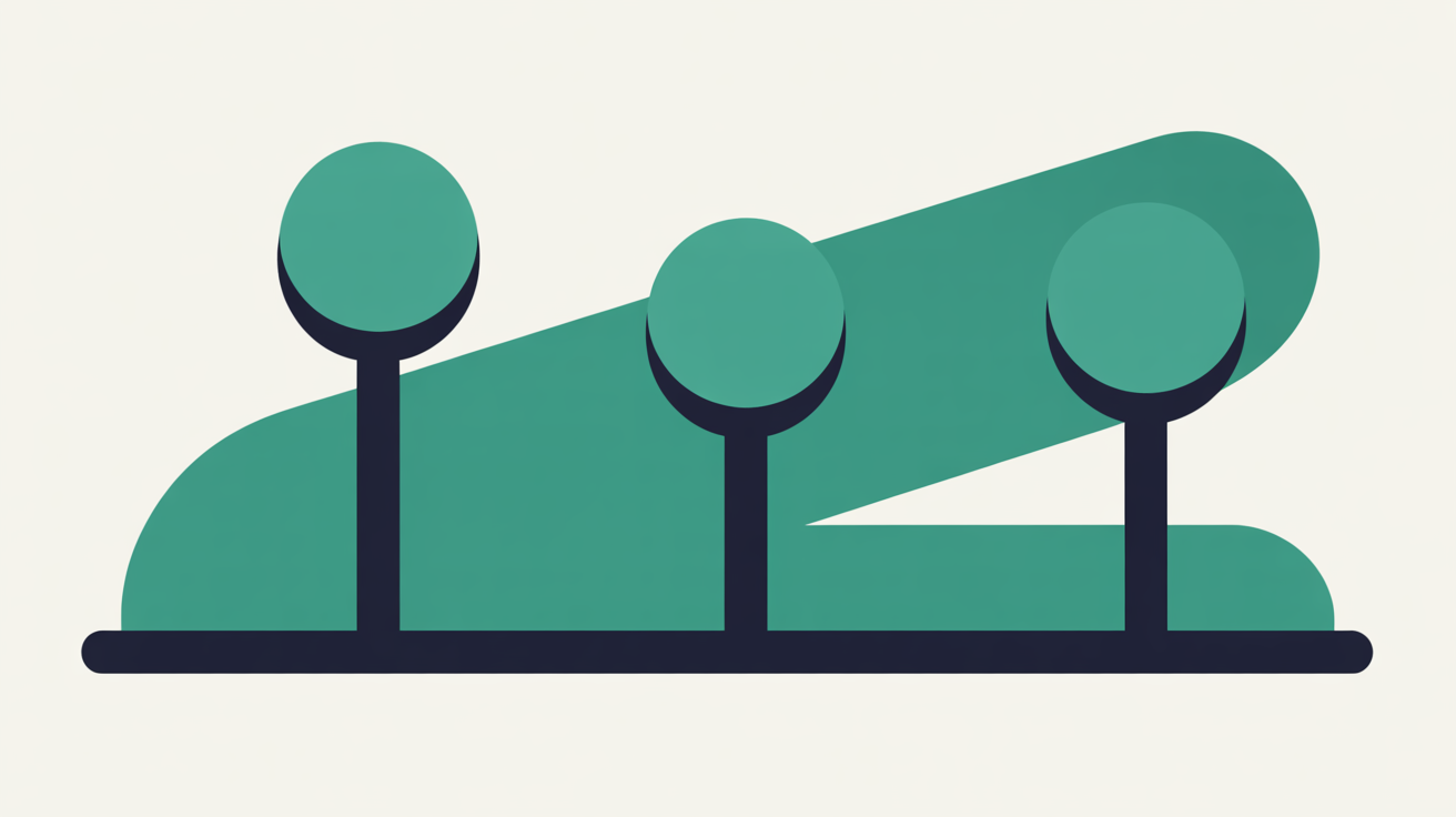 Three identical rounded markers on slender stems rising from one horizontal base bar, with a broad teal wedge behind them on a warm off-white background