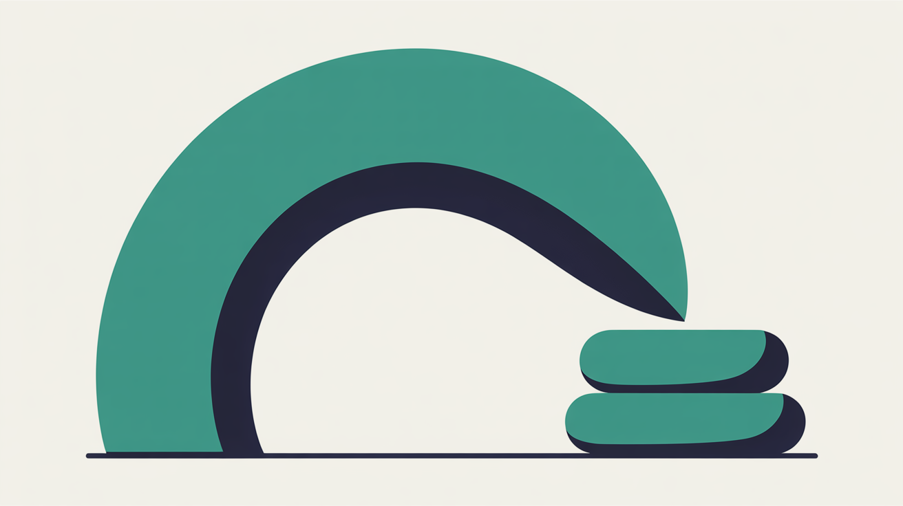 A curved teal arc looping back toward its starting point beside a small stacked pair of rounded forms on a warm off-white background