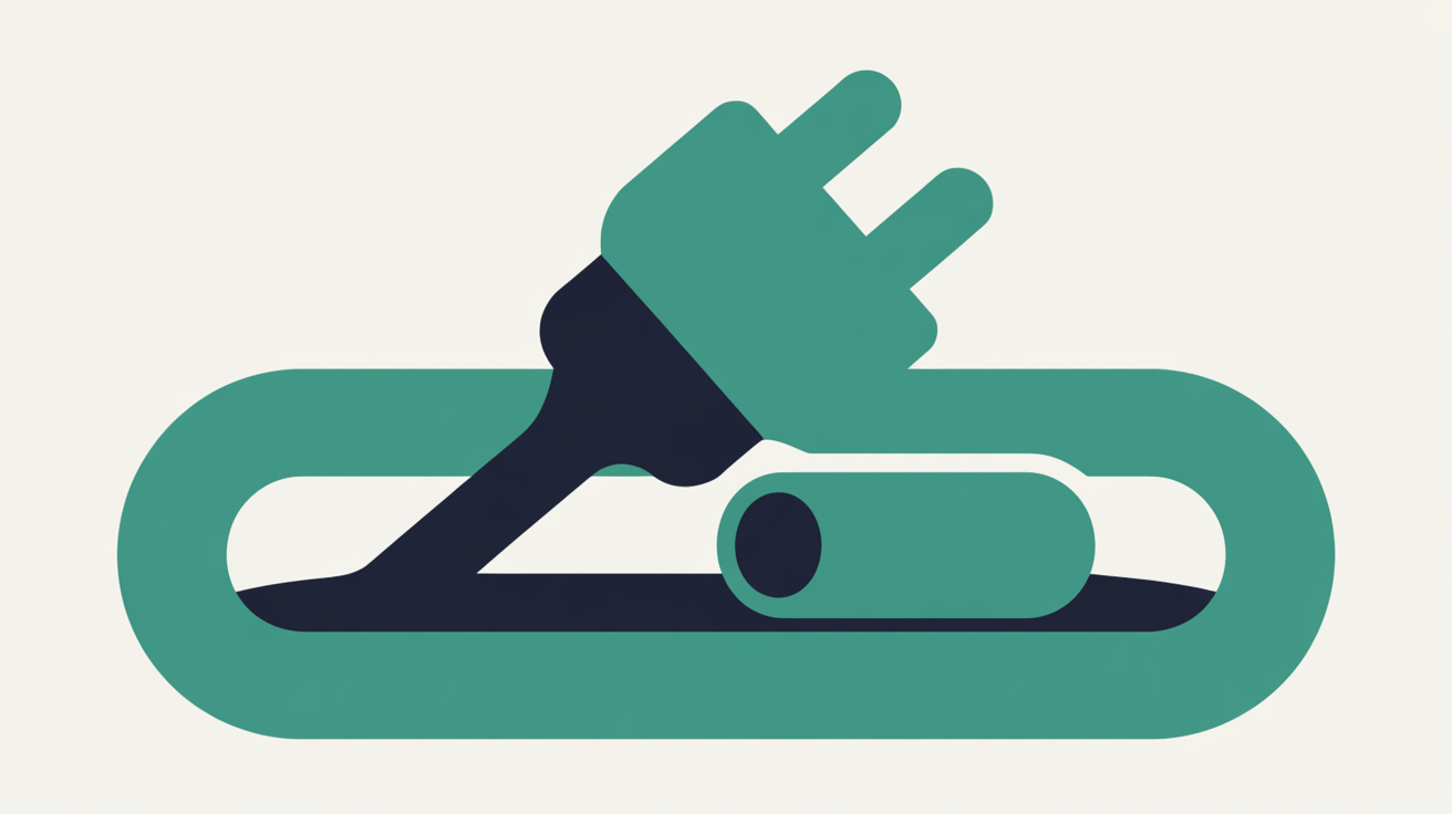 Flat illustration of a teal plug shape and a small cylindrical cell resting inside a rounded outline on a warm off-white background