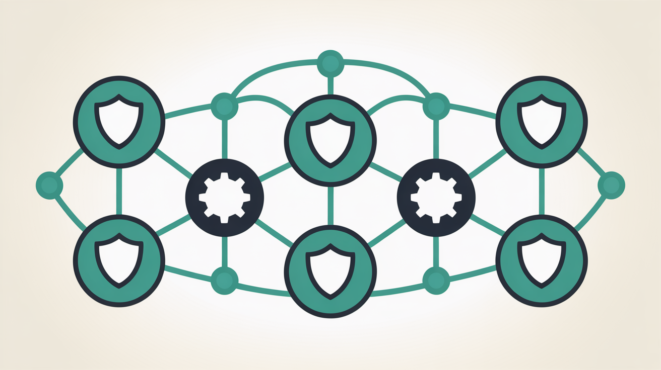 Flat illustration of interconnected shield and gear icons representing hosting security and management layers