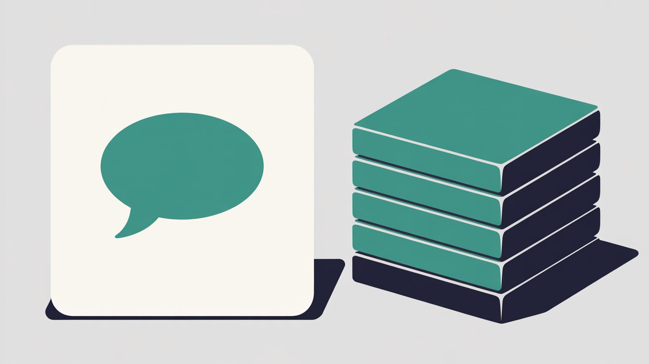 Flat illustration of a single teal speech bubble on an off-white card beside a heavy stack of teal and navy slabs