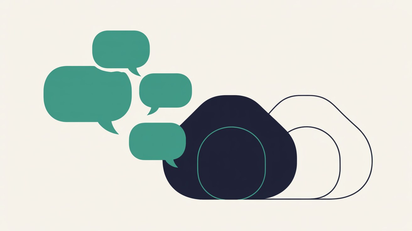 Flat illustration of several teal speech bubbles flowing toward a solid navy rounded shape, with an empty outlined copy of that shape beside it