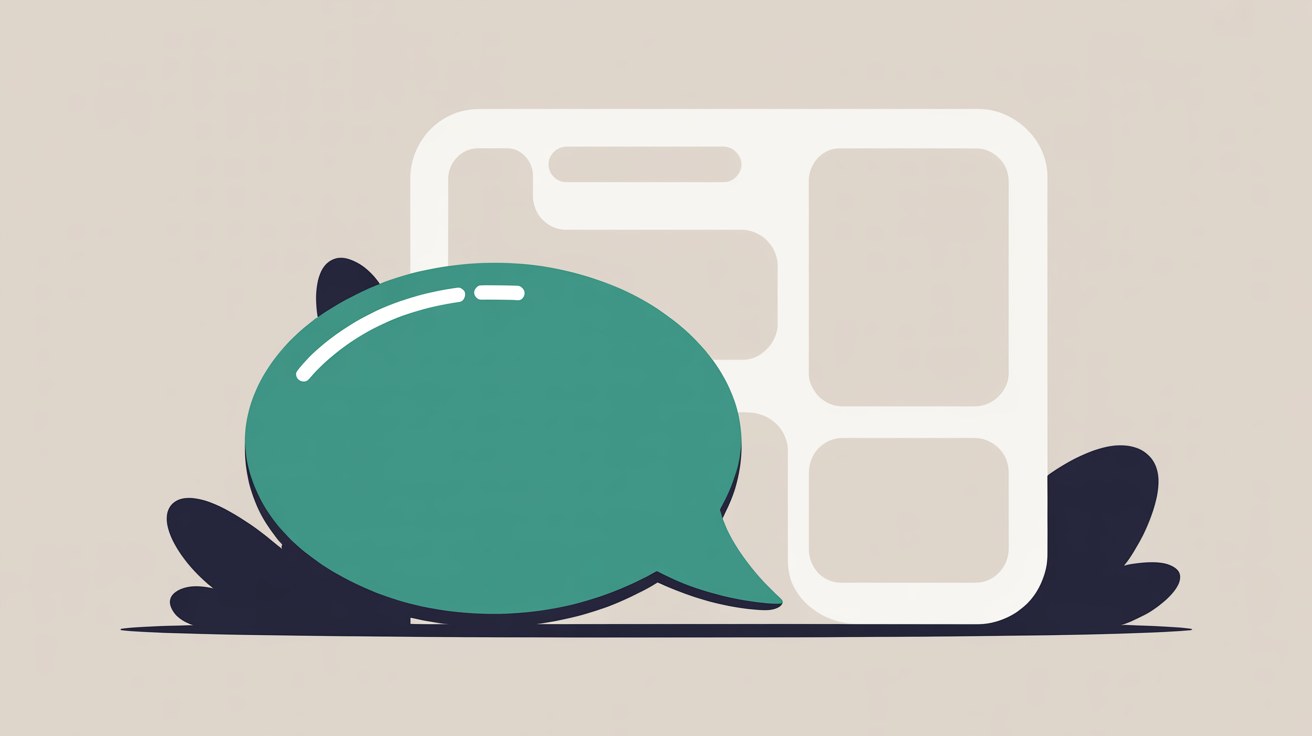Flat illustration of a large teal speech bubble in front of an off-white webpage outline, with dark navy leaf shapes at its base on a warm grey background