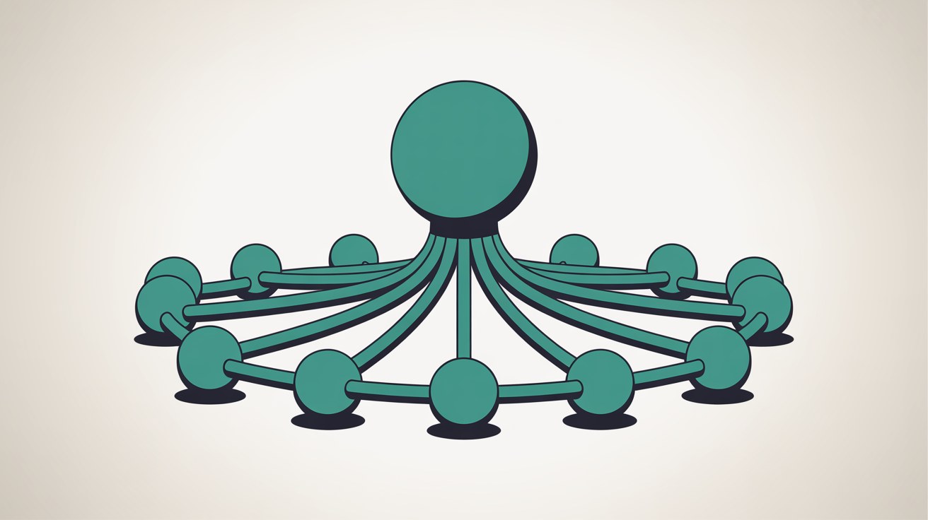 One clearly defined teal node at the centre of a tidy even ring of matching nodes connected by neat teal lines