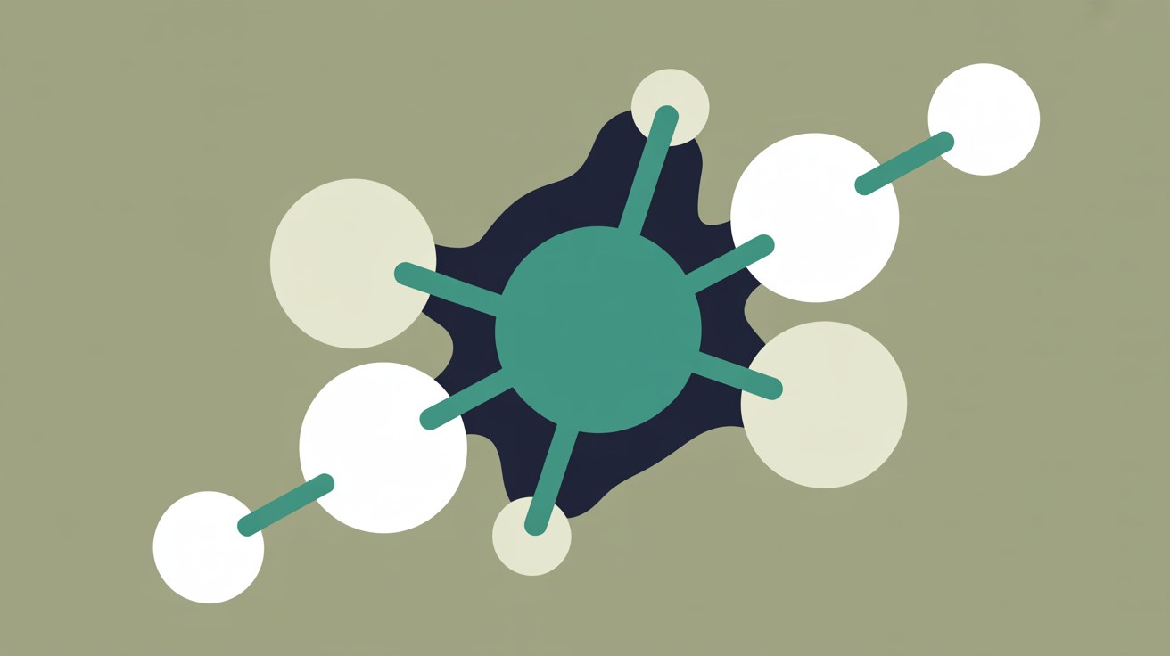 Abstract network of overlapping teal nodes on a warm grey background, with several pale nodes faded and disconnected from the central cluster